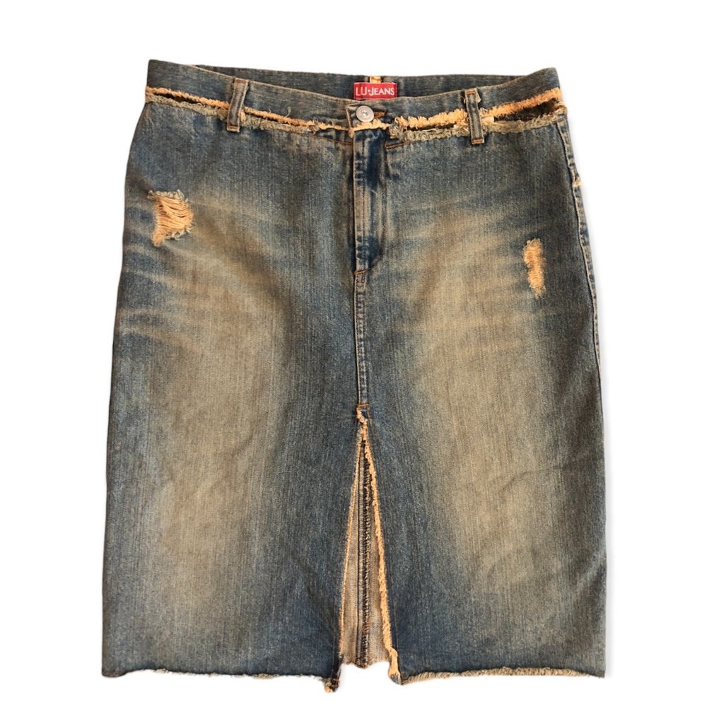 Liu Jo Jeans - Distressed Denim Skirt with Cut Outs Size 28 Y2K early 00s